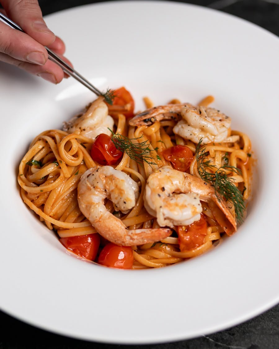 Shrimp linguine with roasted cherry tomatoes and fennel, finished by hand